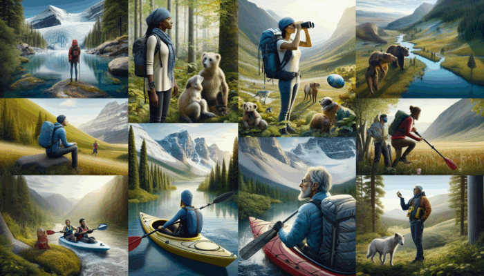 Collage of influencers in travel, adventure sports, and environmental advocacy using outdoor gear in natural settings.