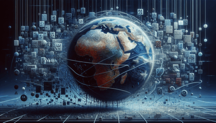 A digital globe with interconnected nodes, diverse scripts, and binary code, representing technical SEO for multilingual websites.