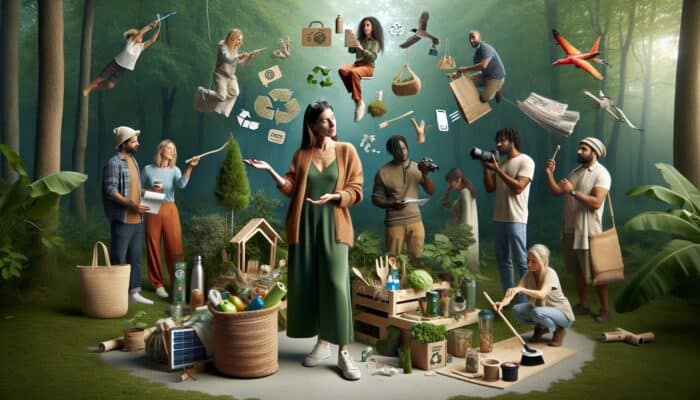 Eco-conscious influencer in nature, engaging diverse group in sustainable activities, authentic brand collaboration.