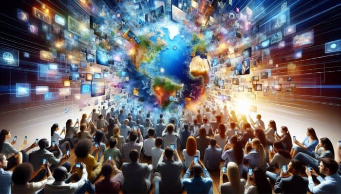 A diverse group of people globally using smartphones to watch and share short-form videos, highlighting digital connectivity.