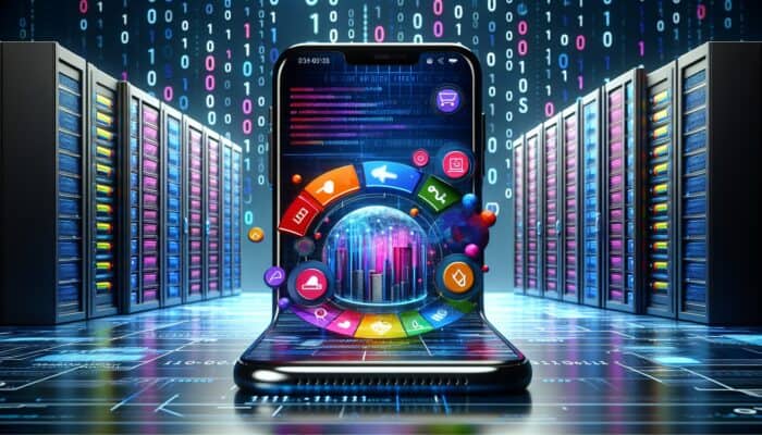 Smartphone showcasing an e-commerce site with optimized graphics, set against binary code and server racks.