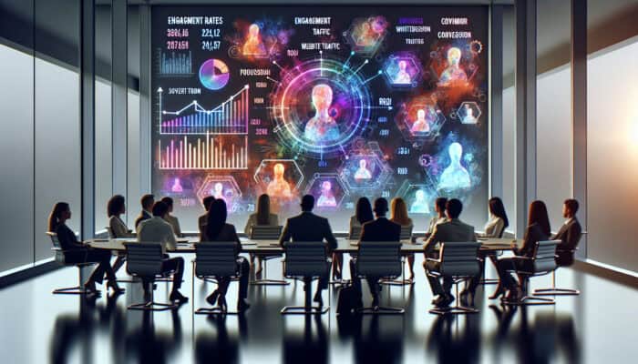 A diverse marketing team in a modern boardroom analyzes holographic graphs of engagement, traffic, ROI, and conversion metrics for an influencer campaign, with subtle avatar backgrounds.