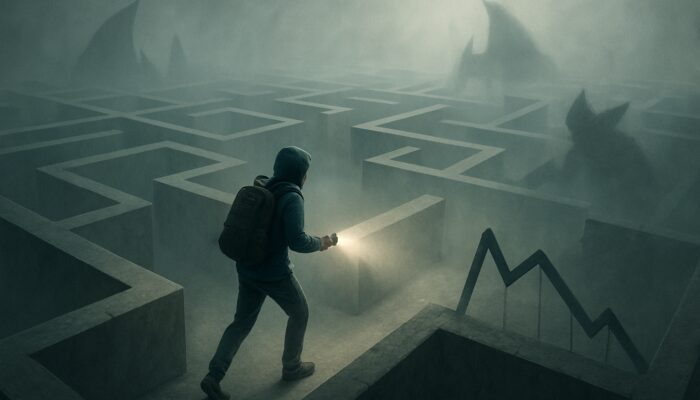 Digital explorer navigating foggy SEO maze, avoiding competitor shadows and broken metric graphs.
