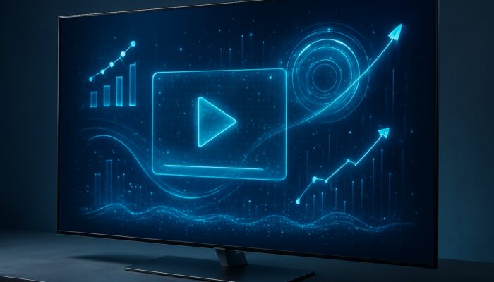 Futuristic smart TV displaying interactive video ads and data holograms for connected TV trends.