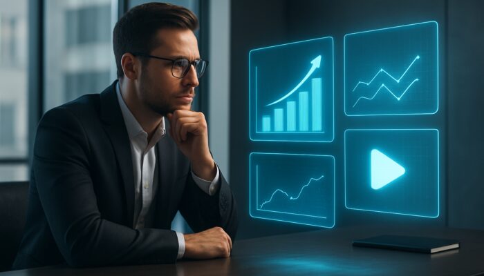 Marketer analyzing glowing holographic competitor media charts with strategic arrows in sleek office