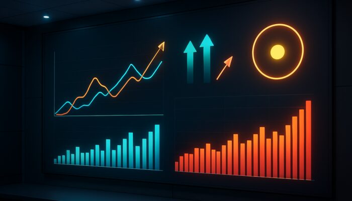 Sleek digital dashboard with colorful keyword ranking graphs and glowing visibility scores.