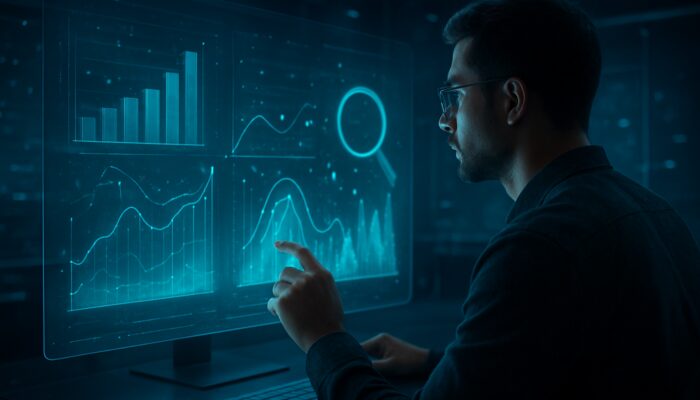 Analyst explores holographic interface of glowing long-tail keywords, search charts, and AI trend graphs.