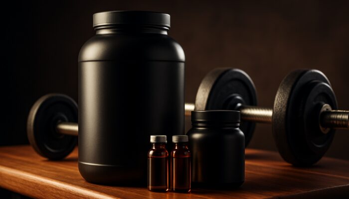 Fitness supplement bundle with protein powder, BCAAs, and creatine on gym bench beside dumbbells