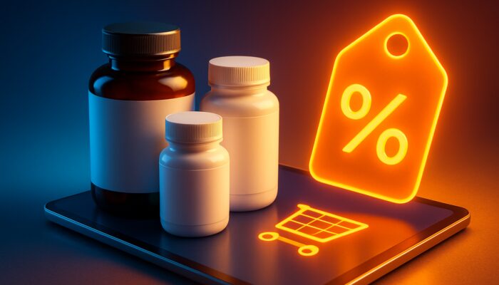 Bundled vitamin and protein supplements with glowing discount tag on tablet shopping screen