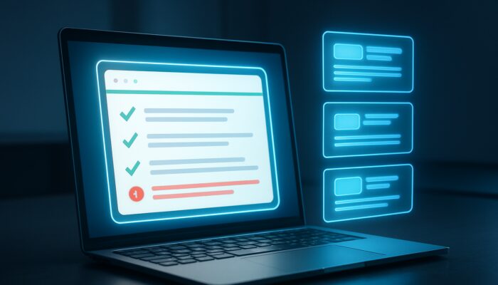 Laptop screen showing Google Structured Data Testing Tool validating schema markup with checkmarks and search previews