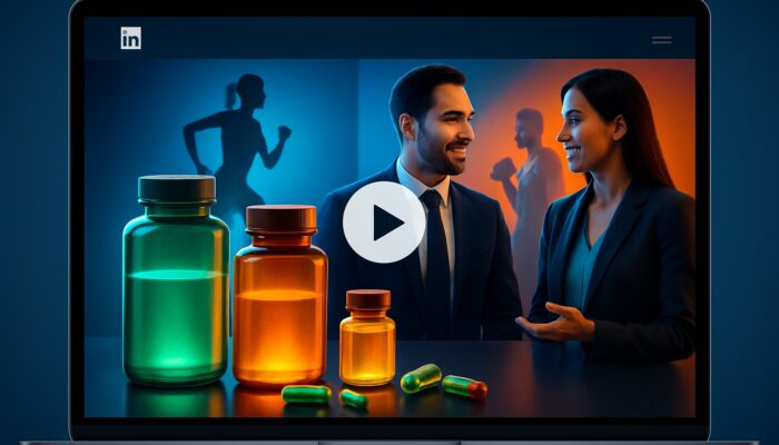 LinkedIn video ad interface with glowing supplement bottles, capsules, and fitness wellness visuals.