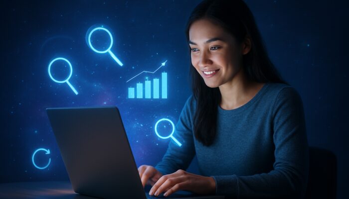 Content creator at glowing laptop with floating holographic keywords like "easy vegan dinner recipes" and analytics charts.